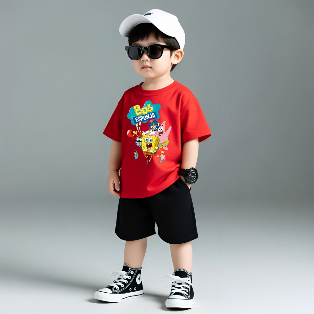 Camiseta Infantil Boby Esponjaa  Blusa Manga Curta Estampada de Algodão Camiseta Infantil Unissex