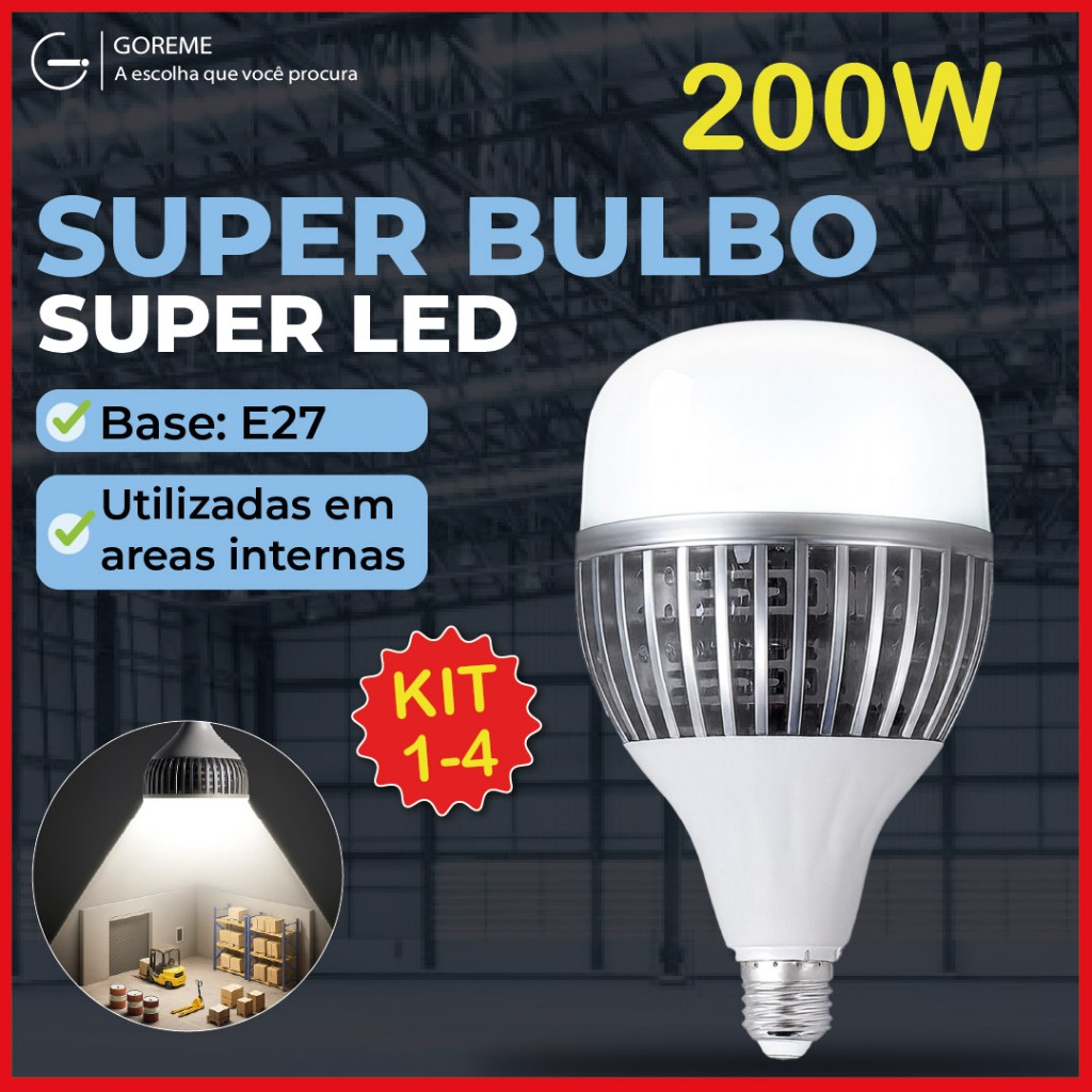 Super Bulbo Lâmpada Led 200W E27 Alta Potência Luz Branca 6500k Dissipador de Calor Bivolt em Oferta na Shopee