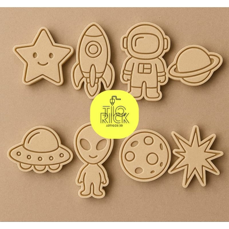 kit 8 peças cortador e marcador tema espaço para biscoitos, pasta americana e outros