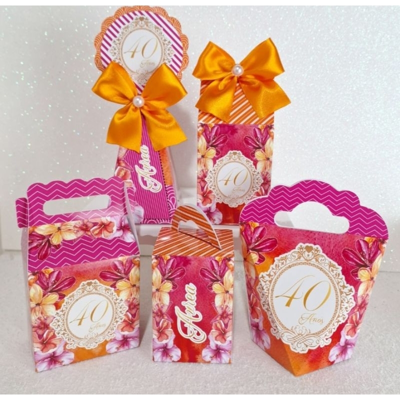 Kit caixinhas Personalizadas, lembrancinhas de festa aniversário PEGUE E MONTE - Pink e Laranjado escolher a cor do laço