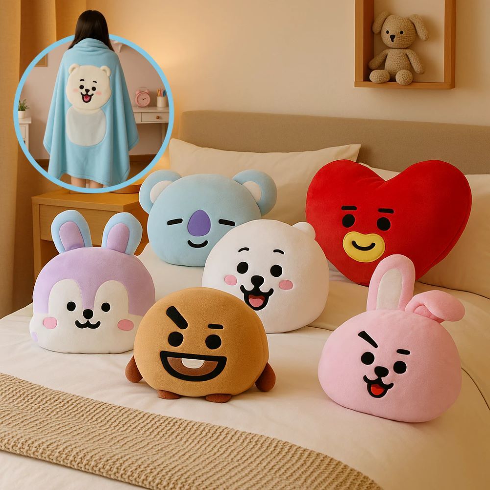Manta Almofada Pelucia Infantil Personagens BT21 Macia Branca Confortavel Decorativa