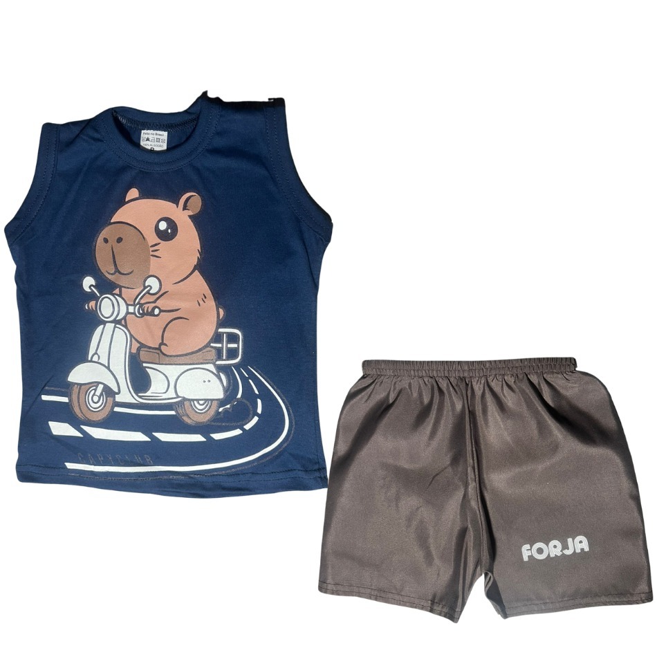 Conjunto Infantil Manga curta capivara menino regata e Bermuda Verão Dinossauro