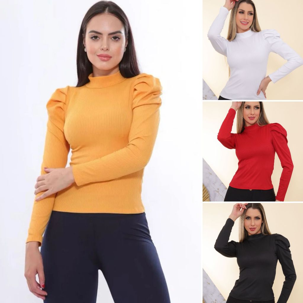Kit 4 Blusa gola alta manga comprida cacharrel roupa feminina Atacado