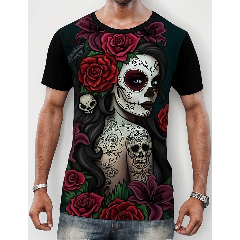 Camiseta Camisa Personalizada Caveira Mexicana Linda Arte