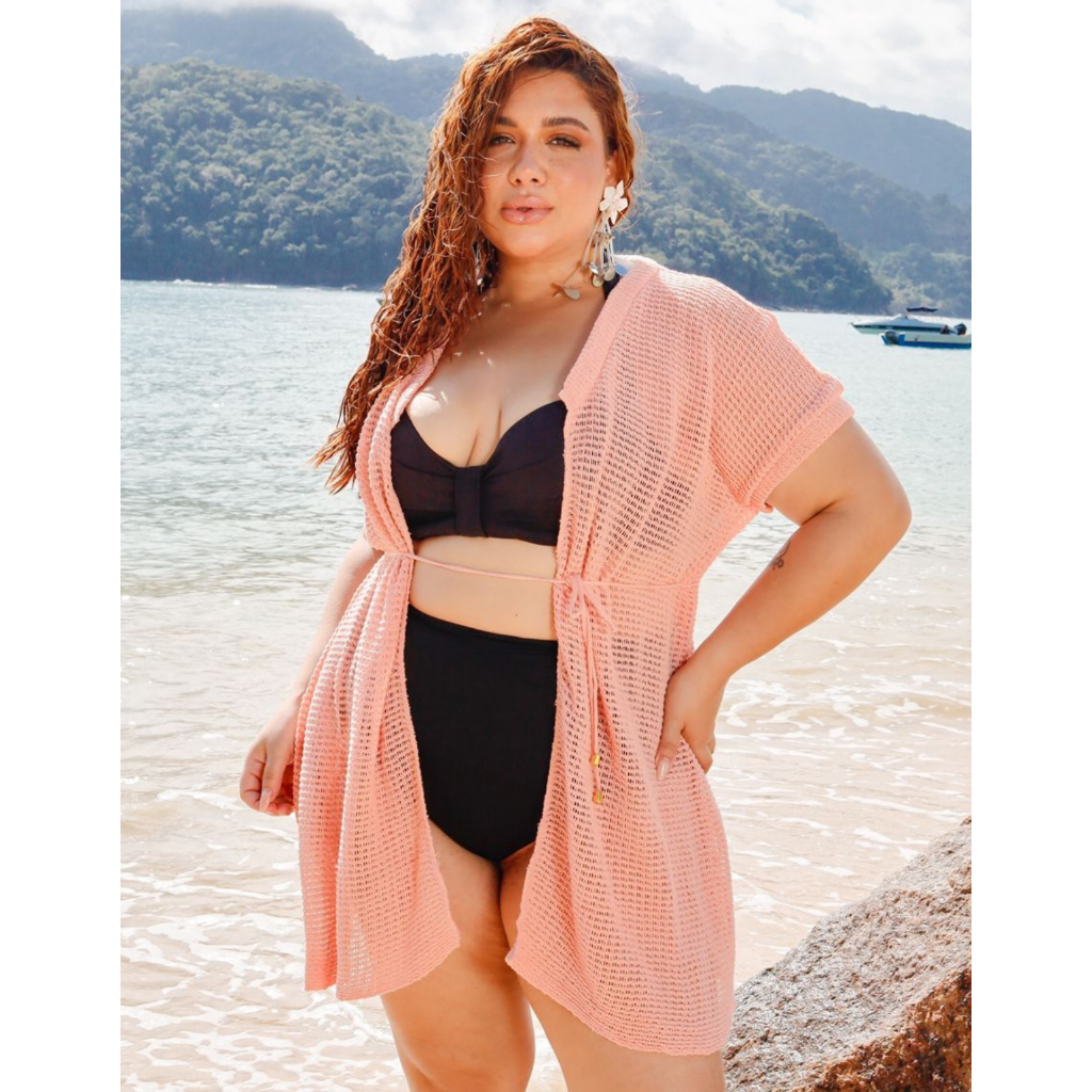 Saída de Praia Plus Aberta Tricô Vestido Praia Amarração C/ Manga Top