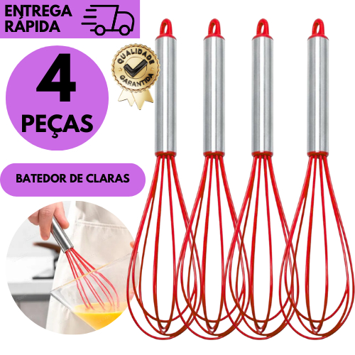 Kits 4/3 ou 2 Fouet de Silicone Vermelho 🍰 Batedor de Ovos e Massas – Utensílio de Cozinha