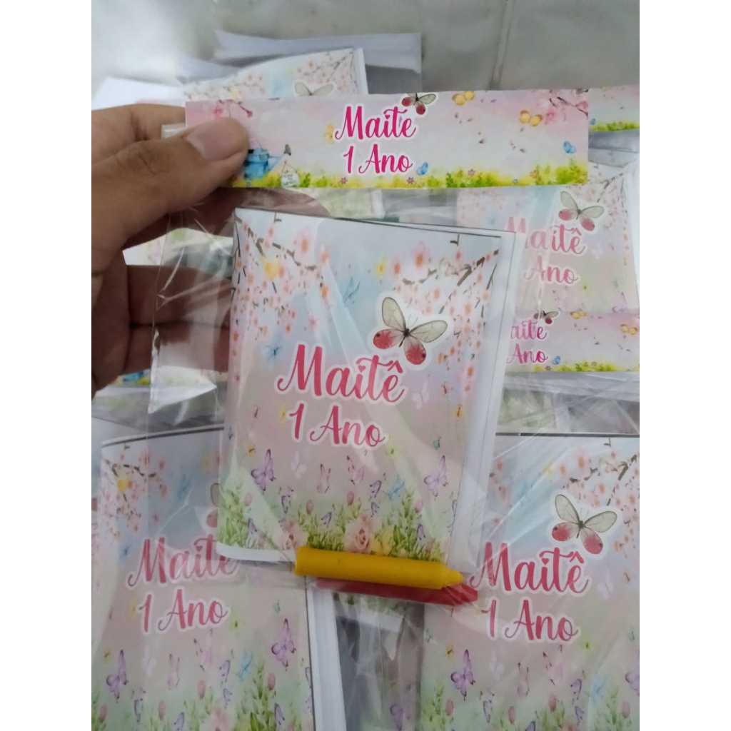 🦋 Lembrancinha Personalizada Aniversário Infantil - mini livrinho + Giz - Jardim Encantado Borboletas