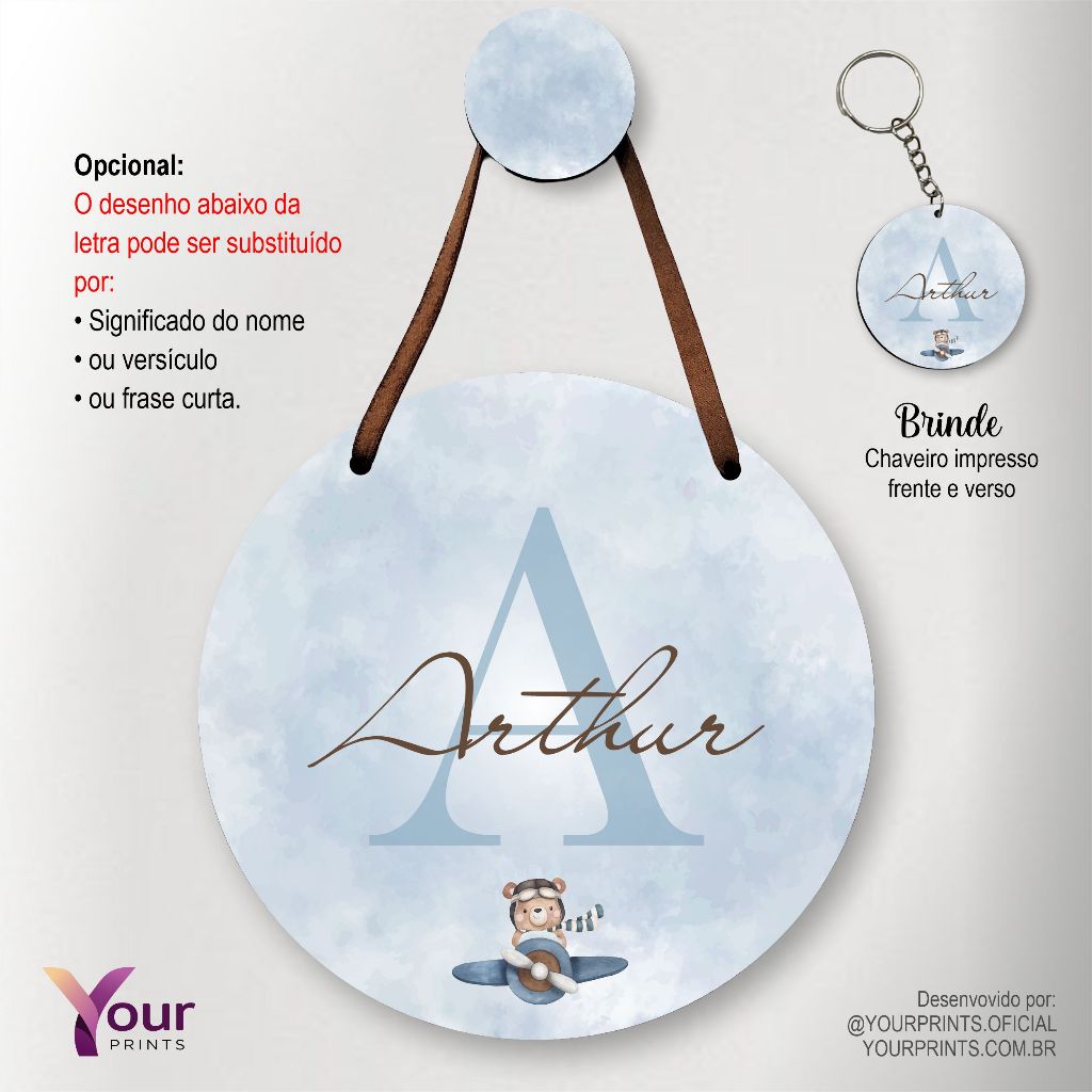 Enfeite Placa de Porta Maternidade Personalizado Menino - Letra Inicial - Safari, Urso aviador, Urso, Ursinho, Leão,