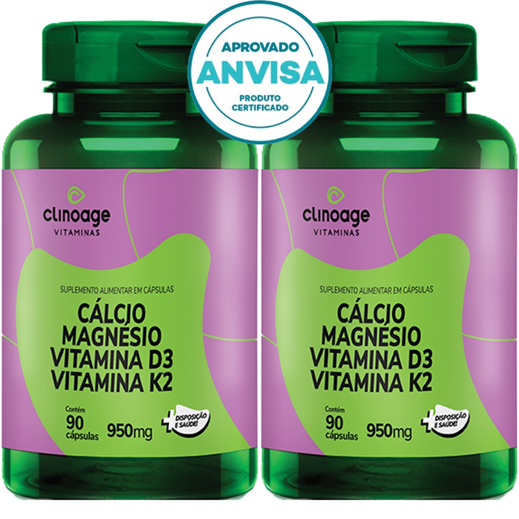 KIT 2x Cálcio + Magnésio + Vitamina K2 + Vitamina D3 - 90 Cápsulas 950mg - Clinoage