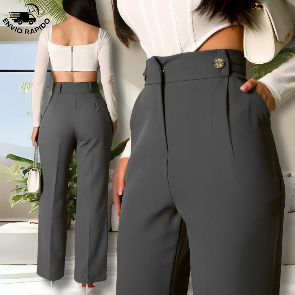 Calça alfaiataria pantalona/shimmy  feminina bolsos elegante cintura alta com  botões em Oferta na Shopee