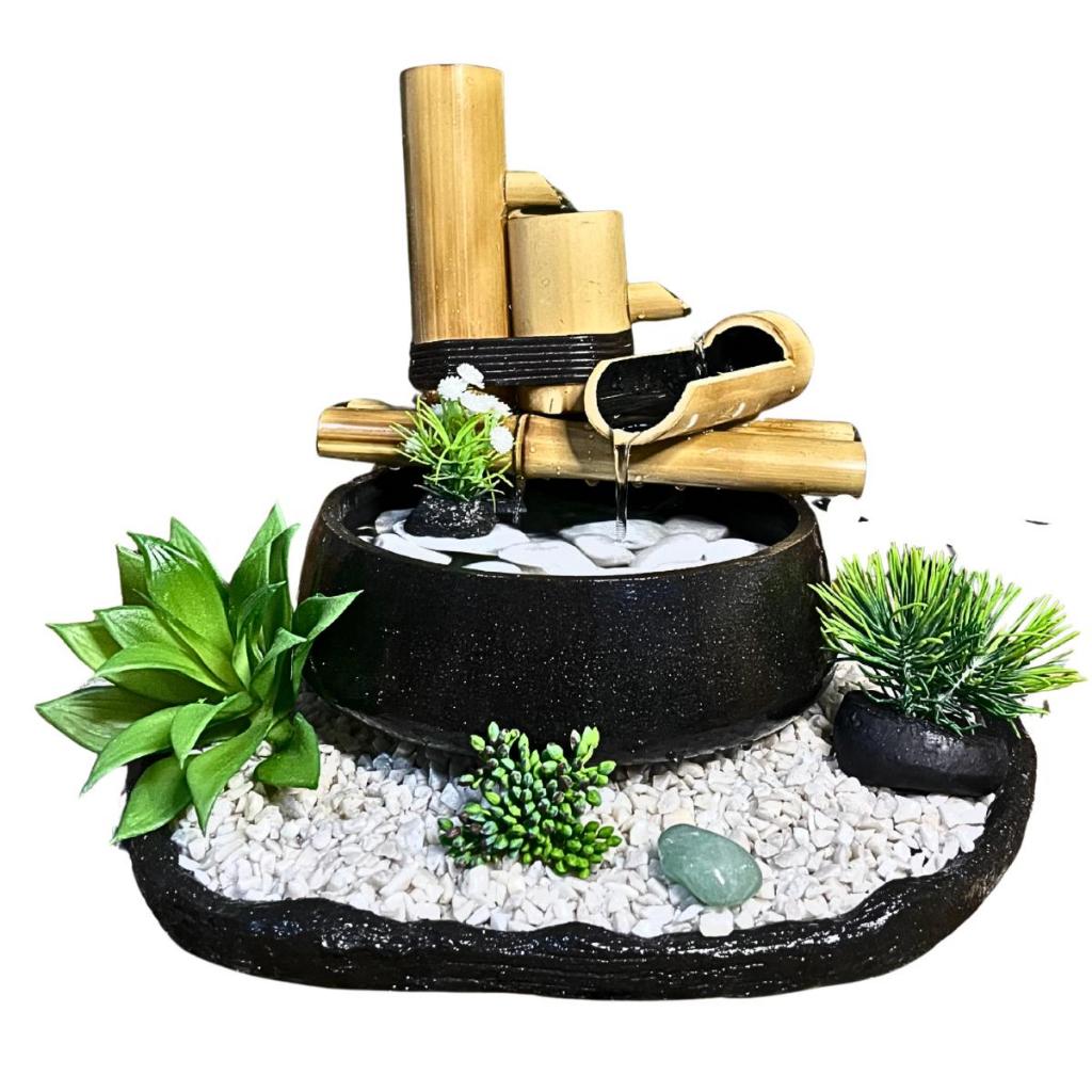 Fonte De Água  Biqueira Bambu  3 Quedas Preta Mini Jardim De Suculenta Bivolt Preto com Bomba Bivolt