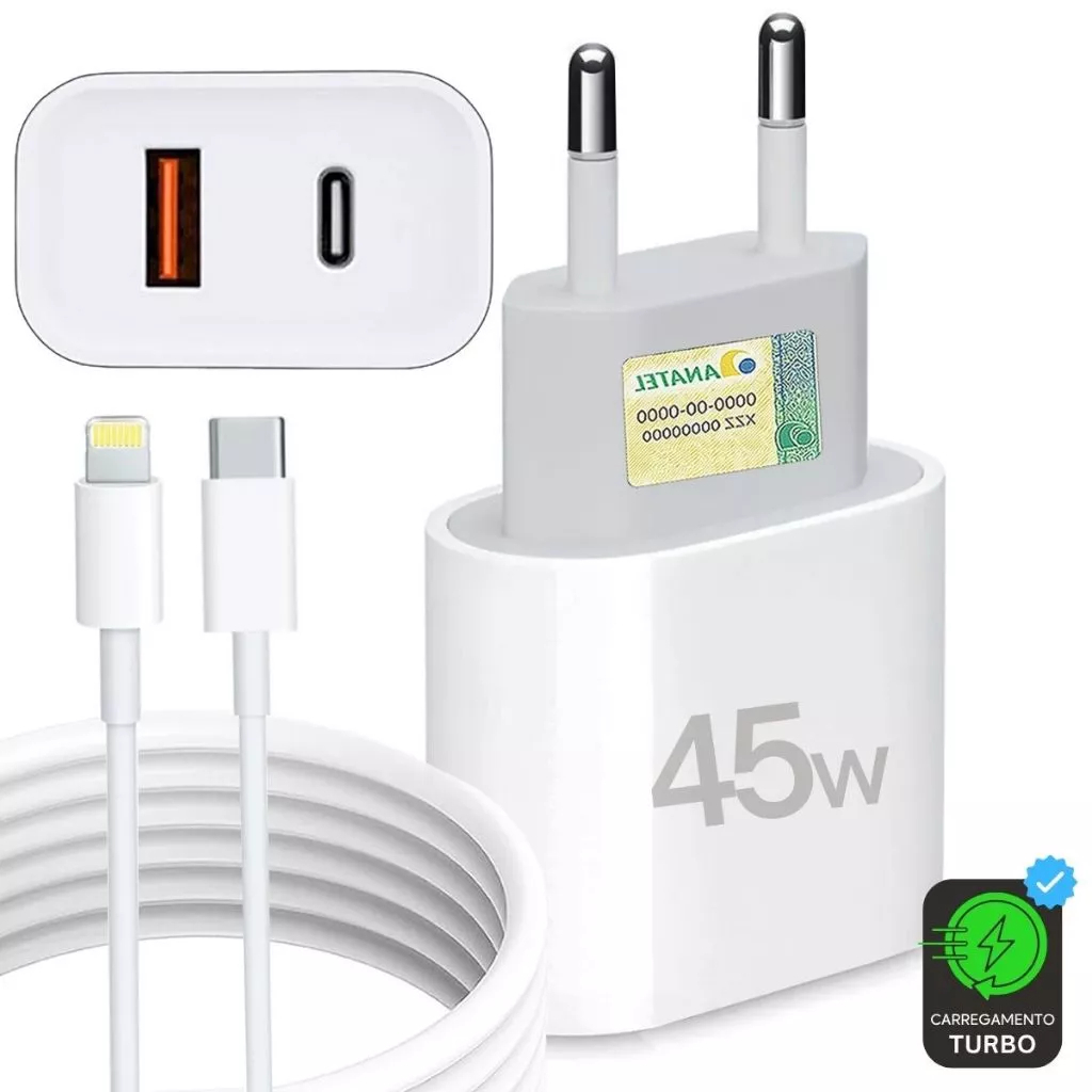 Carregador Iphone Turbo Fonte 45W 2 Entradas USB e USB-C + Cabo Lightning Ultra Rápido Iphone 6 7 8 X XR XS 11 12 13 14 em Oferta na Shopee