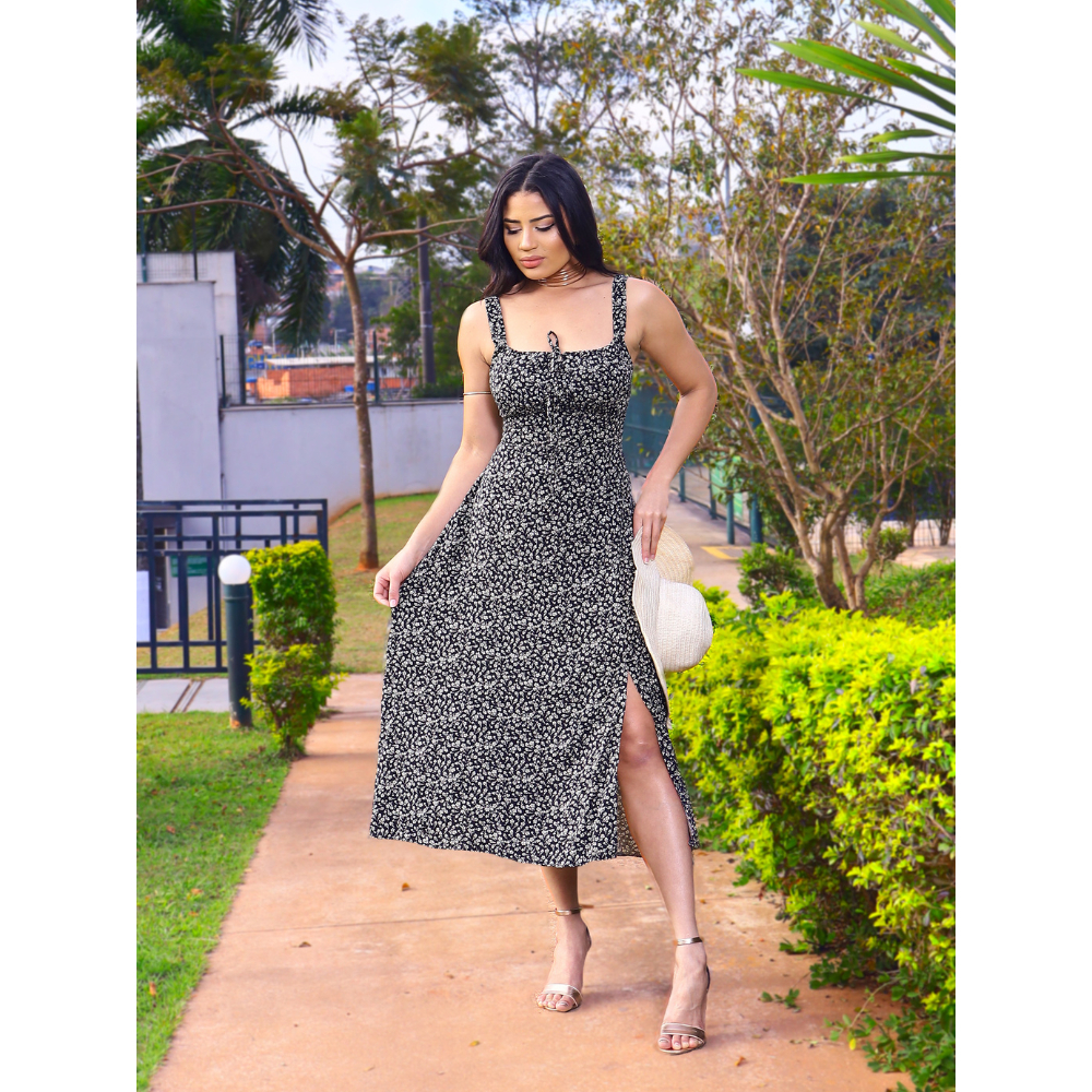 Vestido Feminino Midi Regata  Amarração Nas Costas