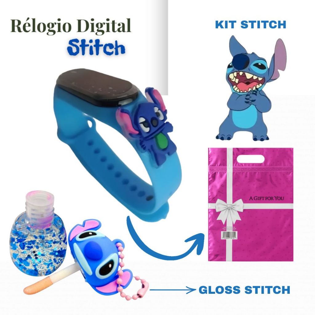 Kit Relógio Infantil Digital Stitch Disney Á Prova De água Led azul + Gloss Brilho Labial Stich Chaveiro