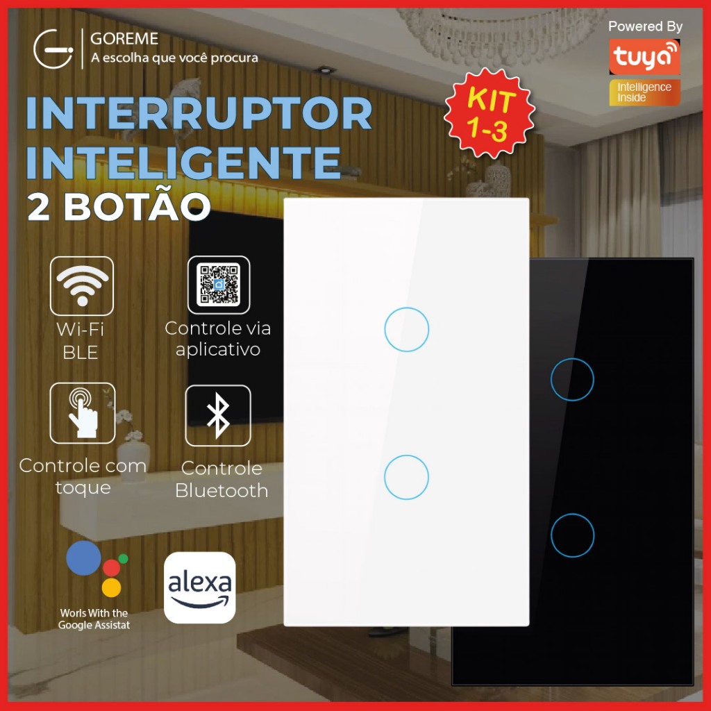 Interruptor Inteligente de Toque Wifi Com 2 Botões Controle por Aplicativo Alexa Tuya e Google em Oferta na Shopee