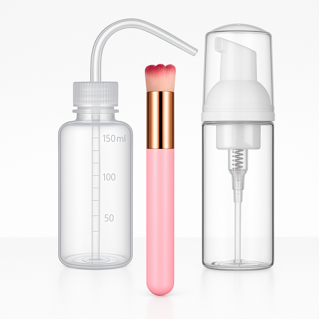 Kit Higienização para Extensão de Cílios – Pump Espumador e Pisseta  + Pincel de Limpeza