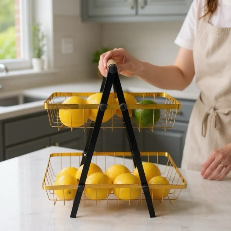 Fruteira de Mesa Dourada Organizador de Frutas Premium Cesto Metal Aramado Multiuso Organizador 2 Andares