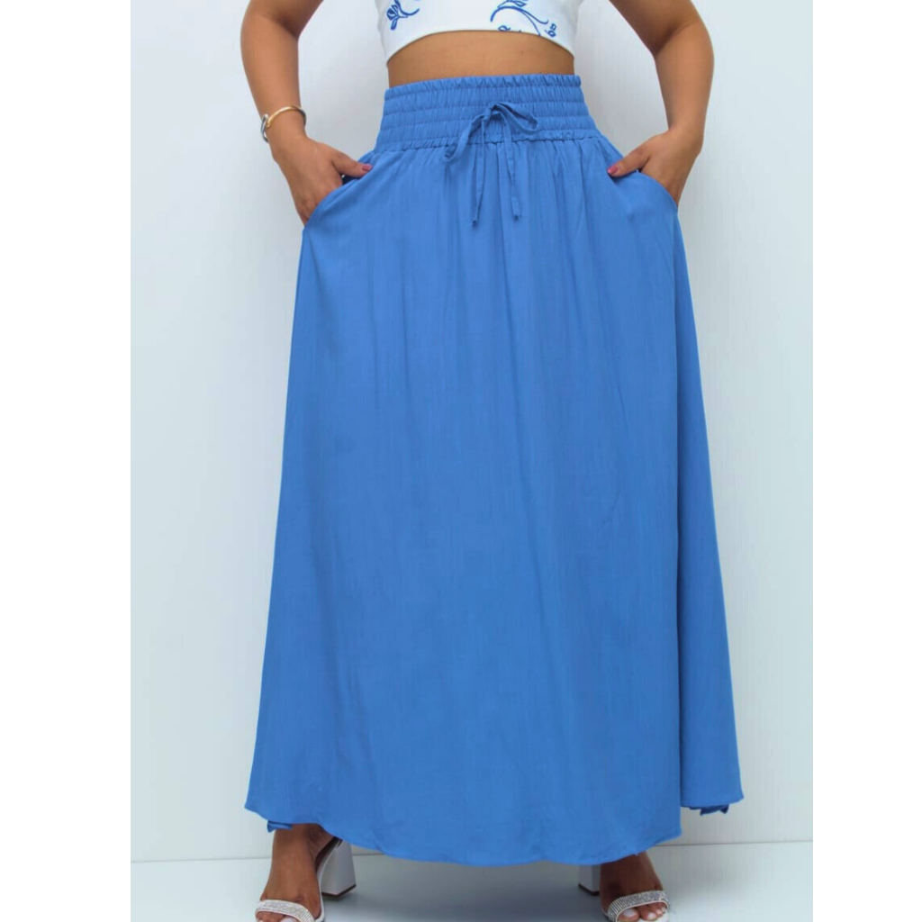 Saia Longa Feminina Forrada Cós Largo De Elástico Cintura Alta Com Bolso Viscolinho em Oferta na Shopee