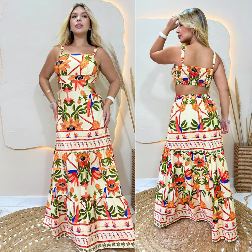 vestido tropical longo, vestido Chic feminino, vestido verão casual, moda feminina praia, vestido estampado colorido
