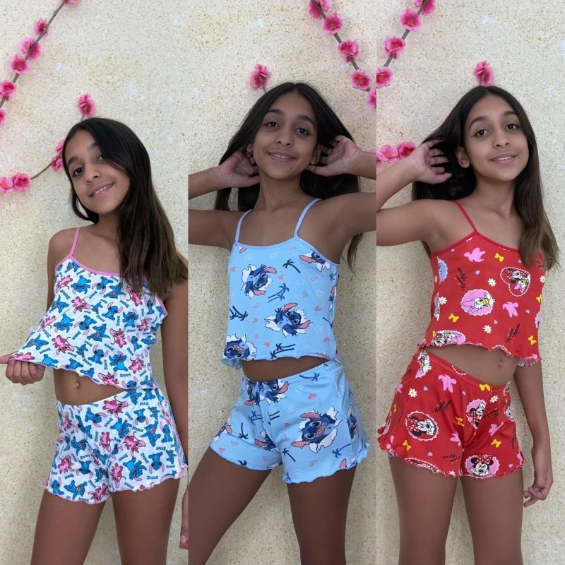 Kit 3 pijamas baby Doll infantil sortidos SUEDE conjunto feminino personagem croppdt ondinha short Doll de dormir
