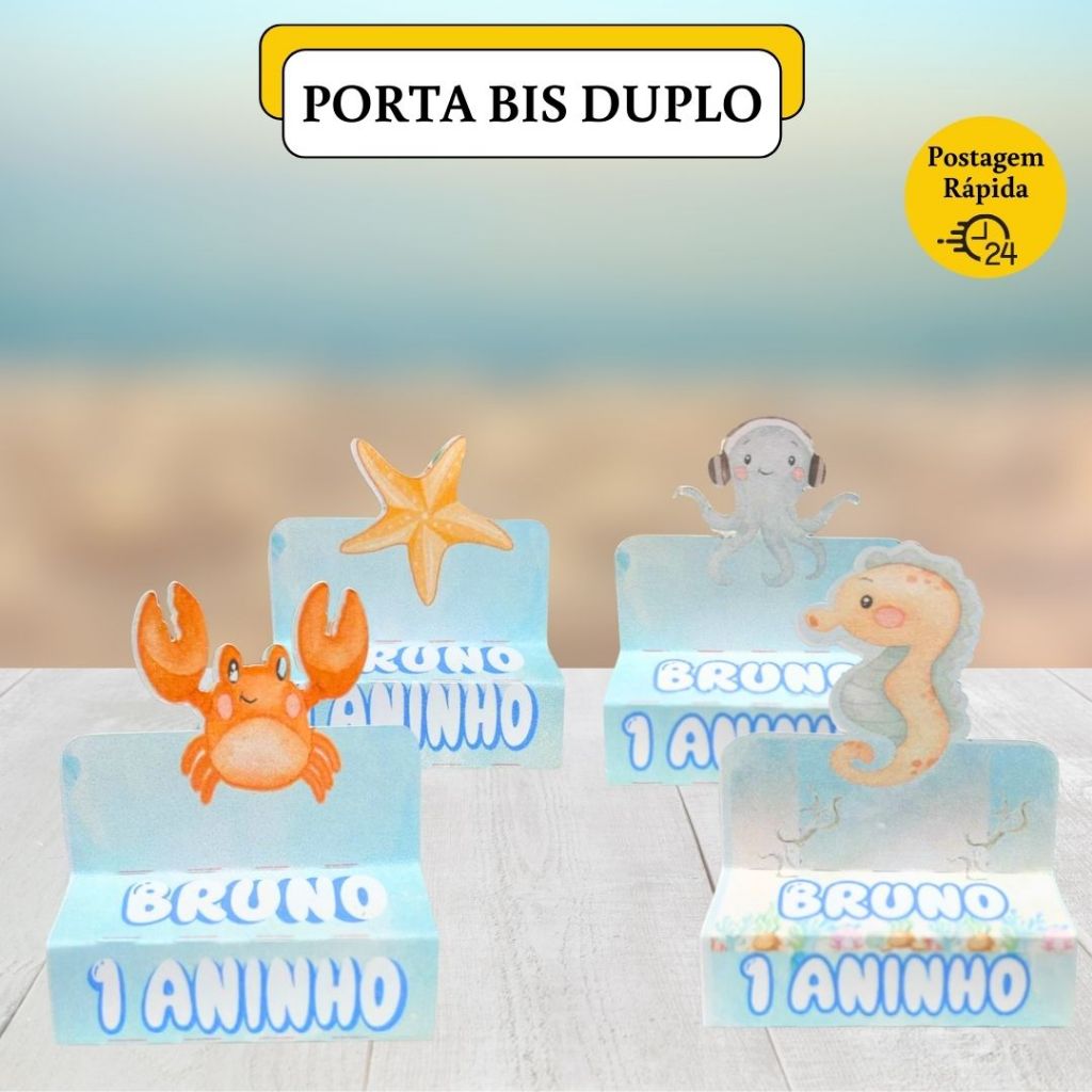 36 Porta Bis Duplo Personalizado Fundo Do Mar – Lembrancinha Festa Infantil, Aniversário, Decoração Menino e Menina