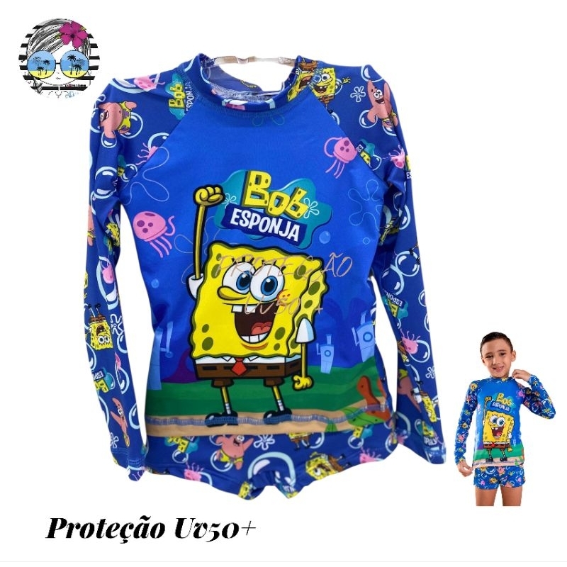 Sunga Infantil e Blusa com Proteção Solar Uv50+ Personagem Bob Esponj. Conjunto Praia e Piscina