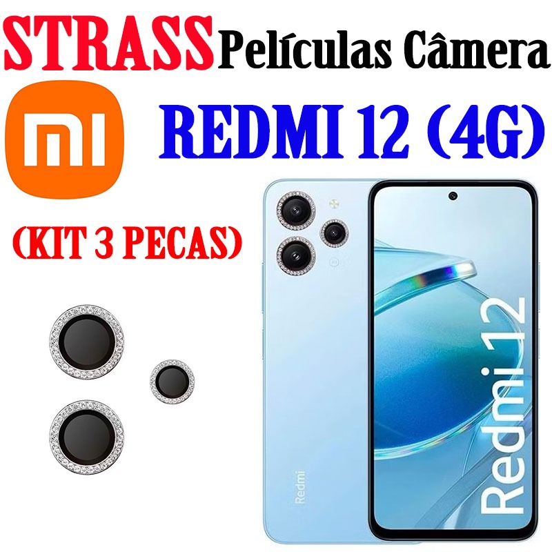 (KIT 3 PEÇAS) PELÍCULA CÂMERA DIAMANTE STRASS PARA  REDMI 12 (4G)/(5G)