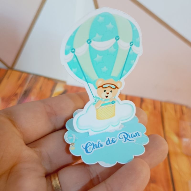 Aplique para Caixinha Acrílica 5x5 Nutella ou Latinhas Personalizado Urso Baloeiro Lembrancinha Aniversário Chá de Bebe