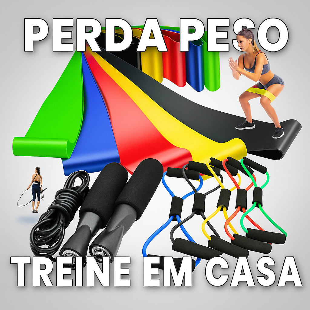 Kit Treine Em Casa Fitness C/ Elástico Extensor Cross Tube +Corda de Pular+Kit com 5 Faixa Mini Band