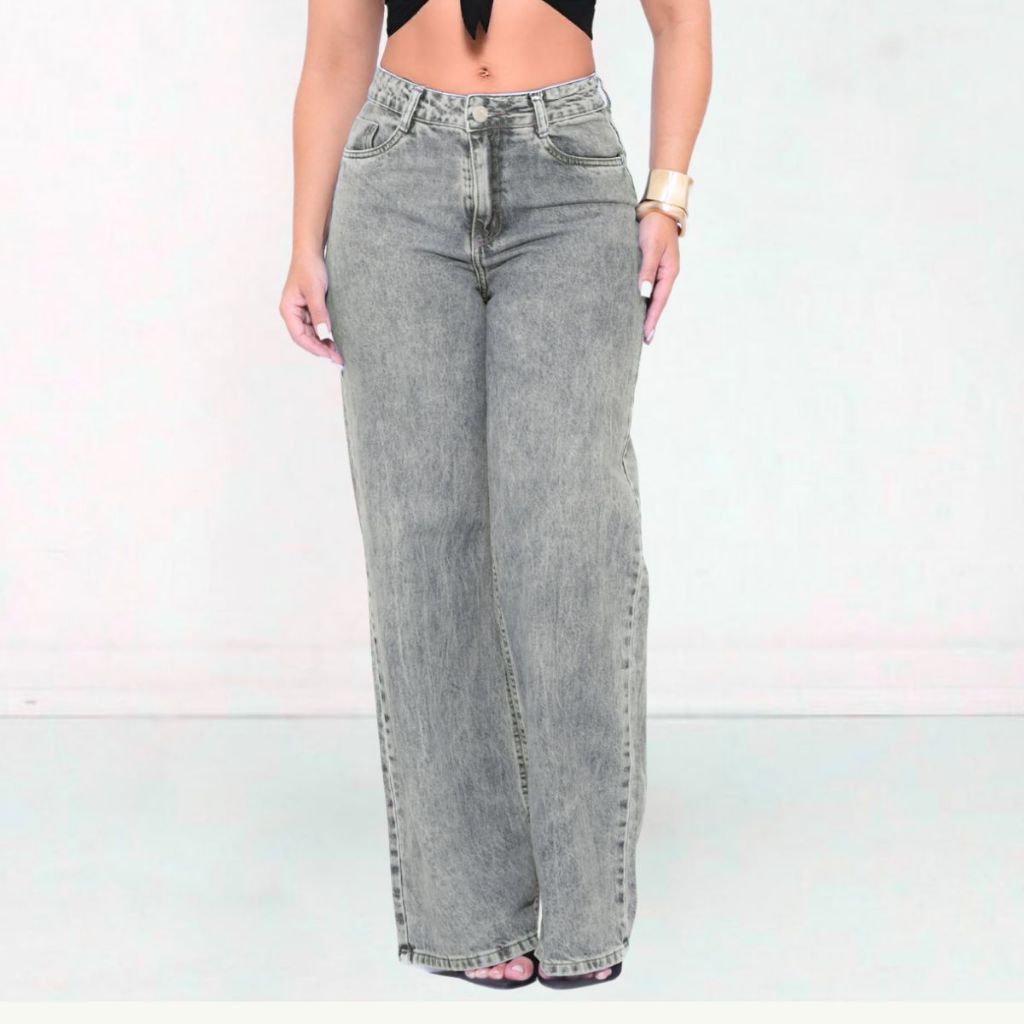 Calça Jeans Feminina Wide Leg Pantalona Cintura Alta  premium Cós Alto tecido grosso lavagem gringa
