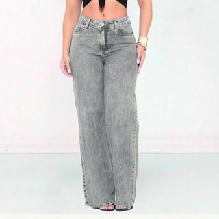 Calça Jeans Feminina Wide Leg Pantalona Cintura Alta  Premium Cós Alto Tecido Grosso Lavagem Gringa