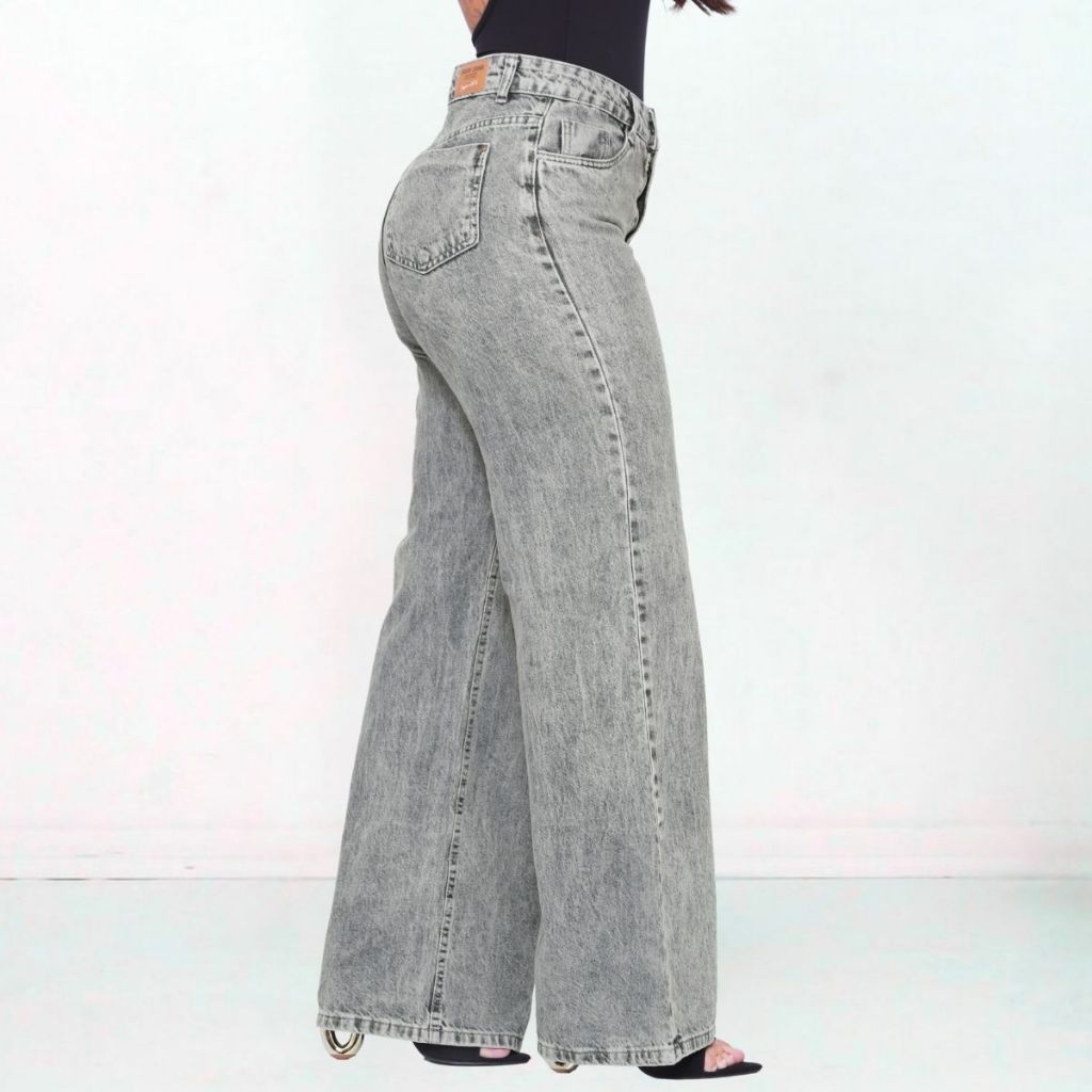 Calça Wide Leg Jeans Feminina Pantalona Cintura Alta Marmorizada Moda premium 100% Algodão