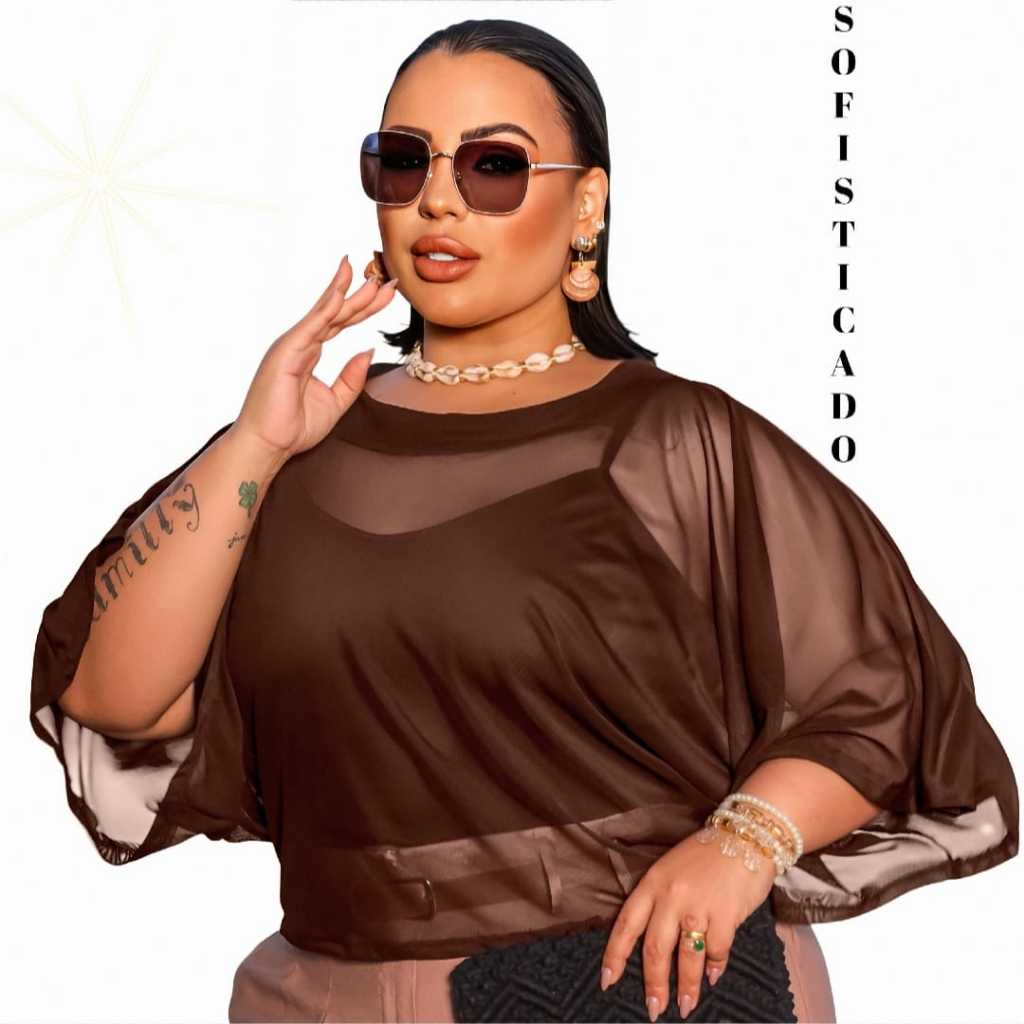 Conjunto Top & Blusa Tule Manga Morcego Plus Size GG / G1 - Elegância e Conforto em Preto e Marrom