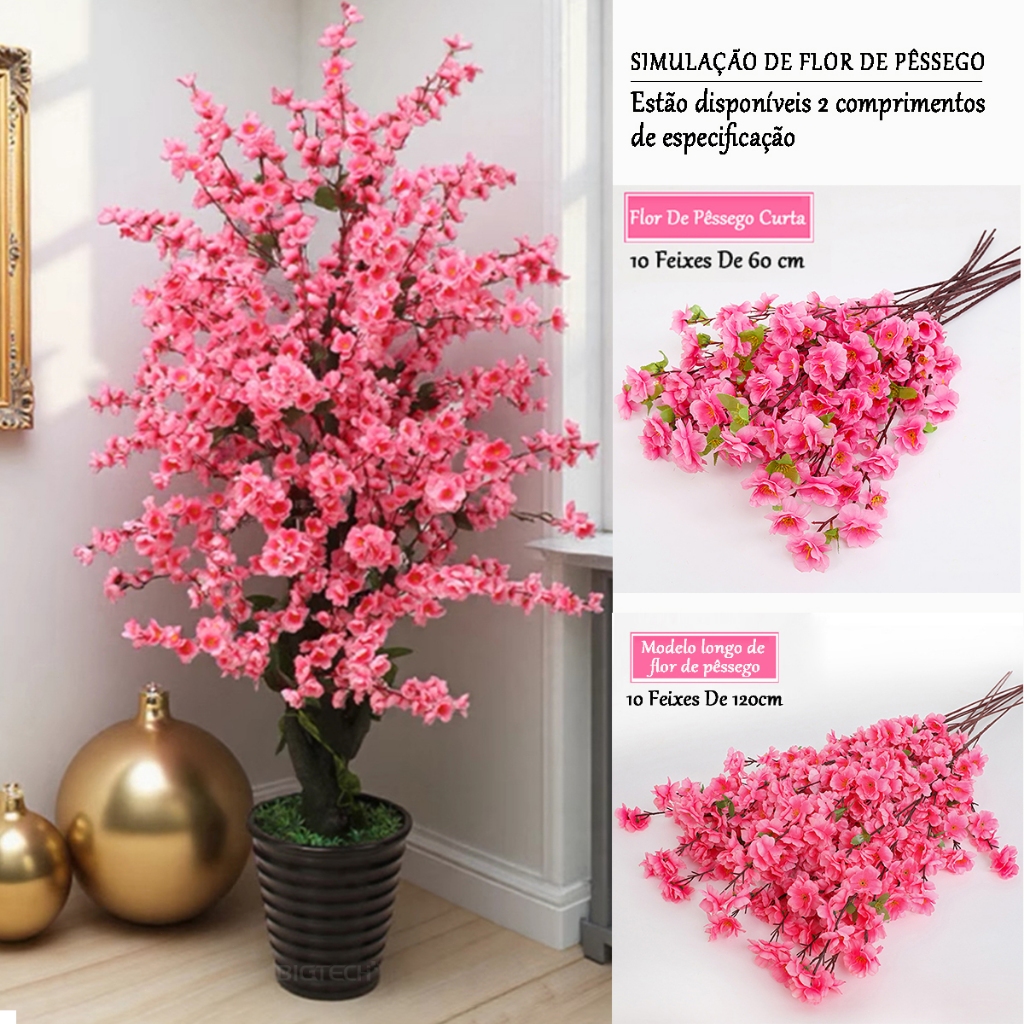 60CM KIT10 Grande Flor Cerejeira Artificial De Pêssego Decoração De Casamento Galhos Flores Artificiais em Oferta na Shopee