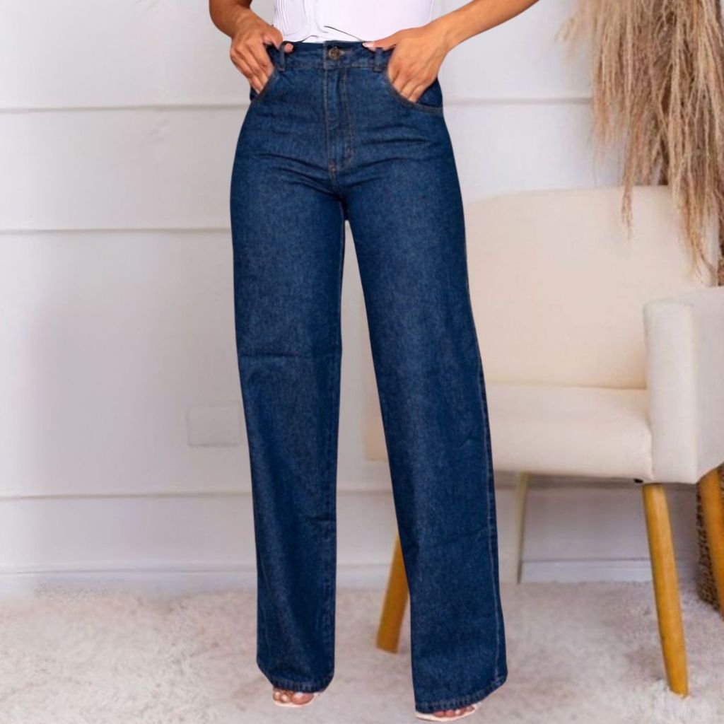 Calça Jeans Feminina Wide Leg Cintura Alta Pantalona Boca Larga Levanta bumbum Escura 100% Algodão