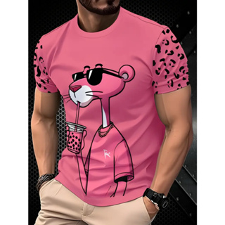 Camiseta Masculina Rosa Brilhante - Estampa Divertida do Pantera Cor-de-Rosa, Gola Redonda Regular em Oferta na Shopee
