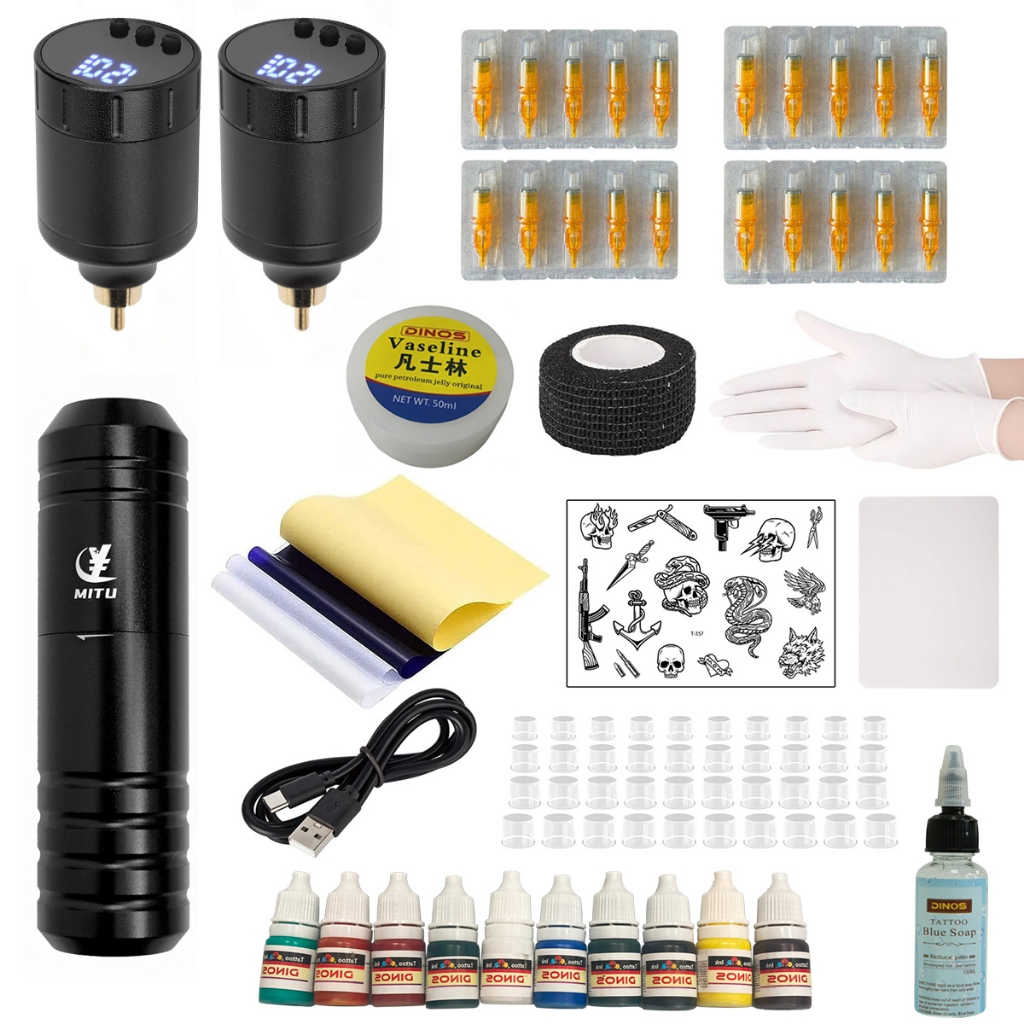 MITU Kit completo de tatuagem para iniciantes, metralhadora com Com Agulhas De Fonte De Alimentação+ 2 Fontes Sem Fio