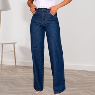 Calça Jeans Feminina Wide Leg Pantalona Cintura Alta Marmorizada Moda 100% Algodão