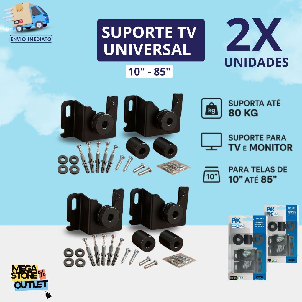 Kit 2 Suportes Universal Fixo Para Smart TV LED LCD Parede Painel 10 24 32 40 50 55 60 75 80 85 Polegadas