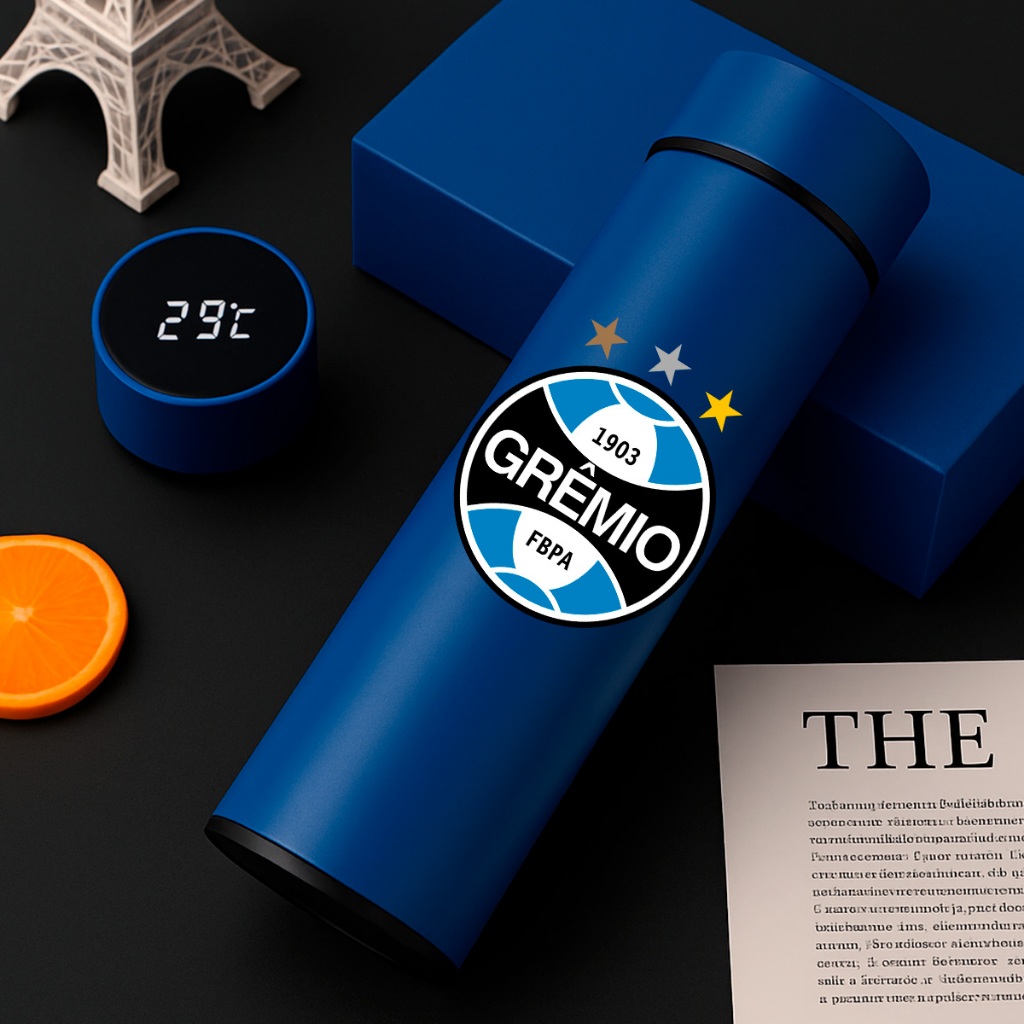 Garrafa Térmica Inox 500ml Personalizada Grêmio Time Futebol Torcedor Presente Digital Têrmometro