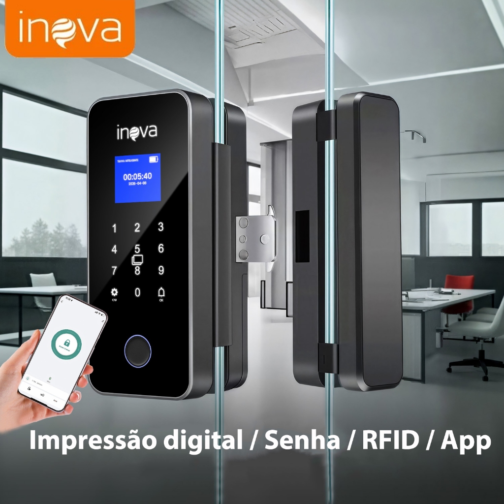 Inova Fechadura Eletrônica Inteligente Digital YS-12889 Para Porta de Vidro – Biometria, Senha, Cartão e App Tuya