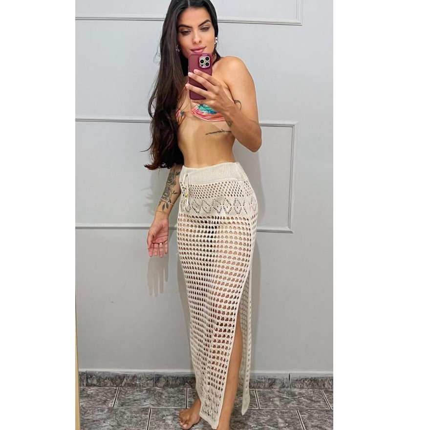 SAIA saida de praia LONGA com fenda lateral ajuste na cintura moda verao tricot moda praia