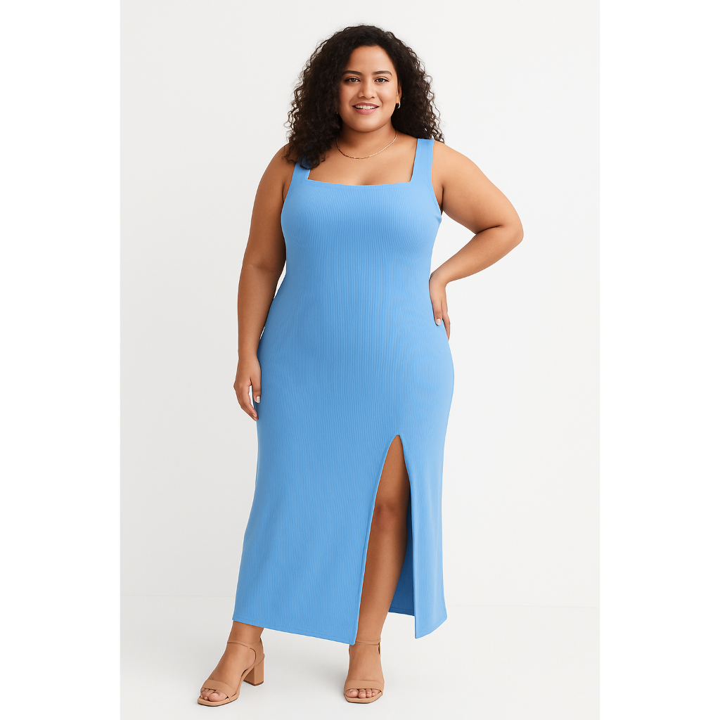 Vestido Longo Canelado Gola Quadrada Feminino Plus Size com Fenda Lateral – Elegante e Confortável