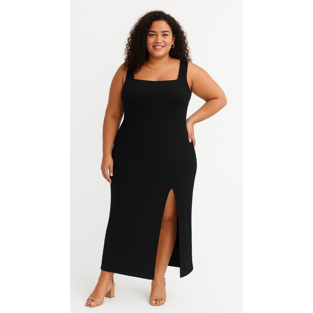 Vestido Longo Feminino Plus Size com Fenda Lateral Canelado – Elegante e Confortável Gola Quadrada