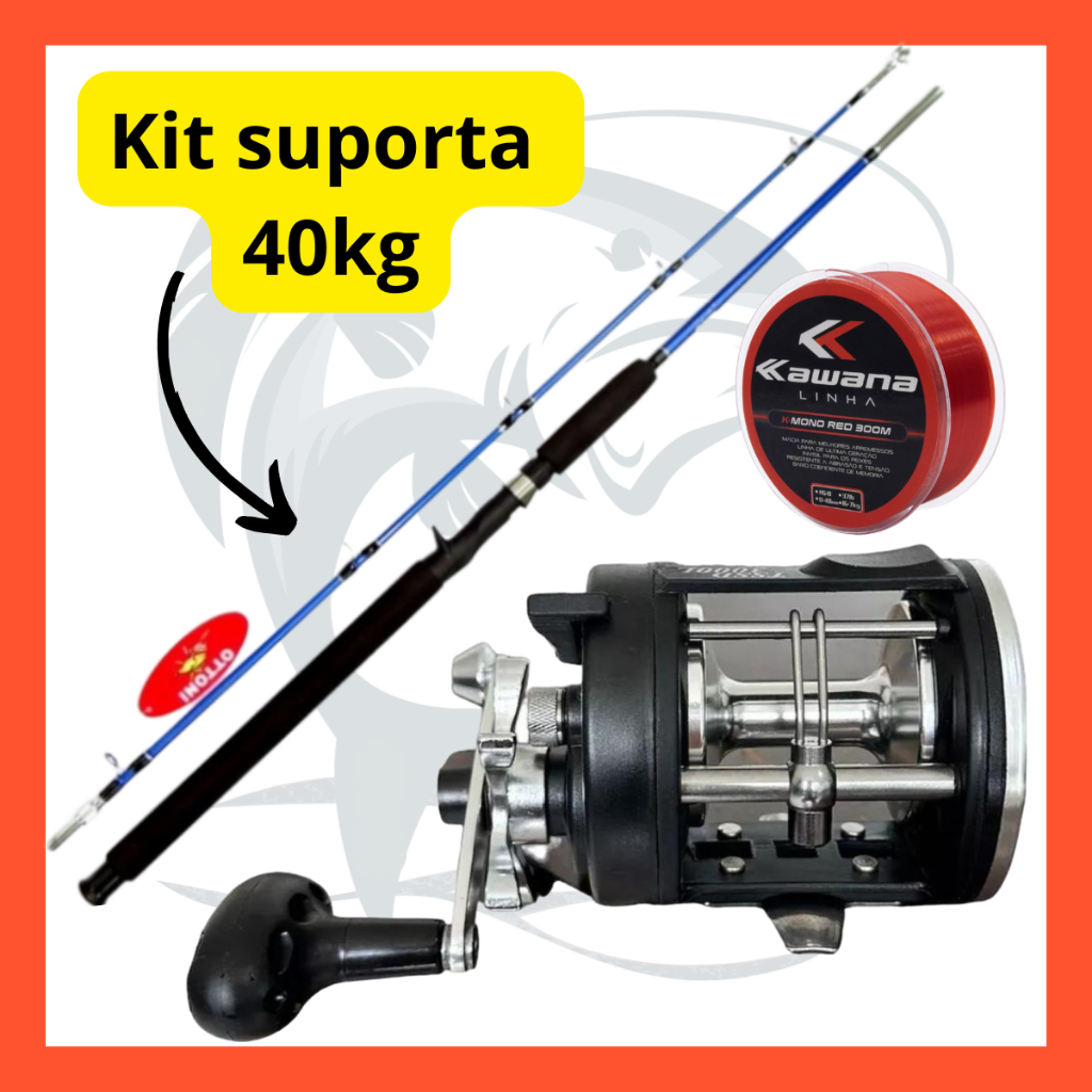 Carretilha Perfil Alto Tssd Pesca Pesada com Vara Roldana 80lbs 1,80m e Linha 300m