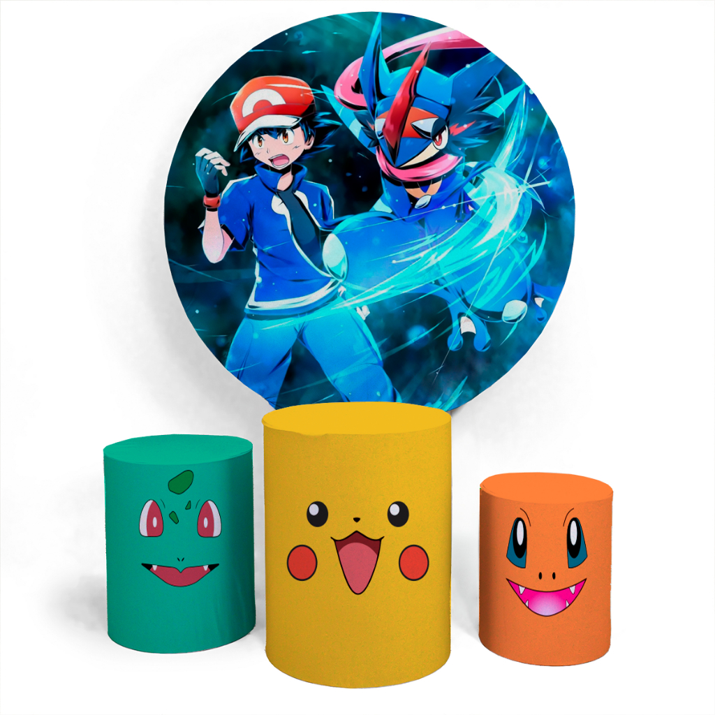 Kit Painel Evento Pokémon Ash Greninja Decorativo Divertido Painel Redondo + Trio Completo Alta Qualidade Premium