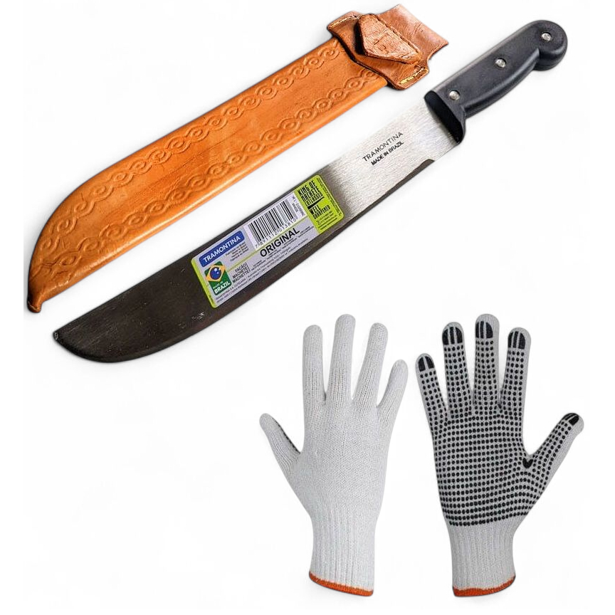 Kit facão para mato jardinagem galho 12" polegadas Tramontina + bainha em couro + luvas para mãos