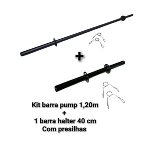 Kit barra reta pump 1,20m + 1 barra 40 cm avulsa halter com presilhas musculação academia funcional