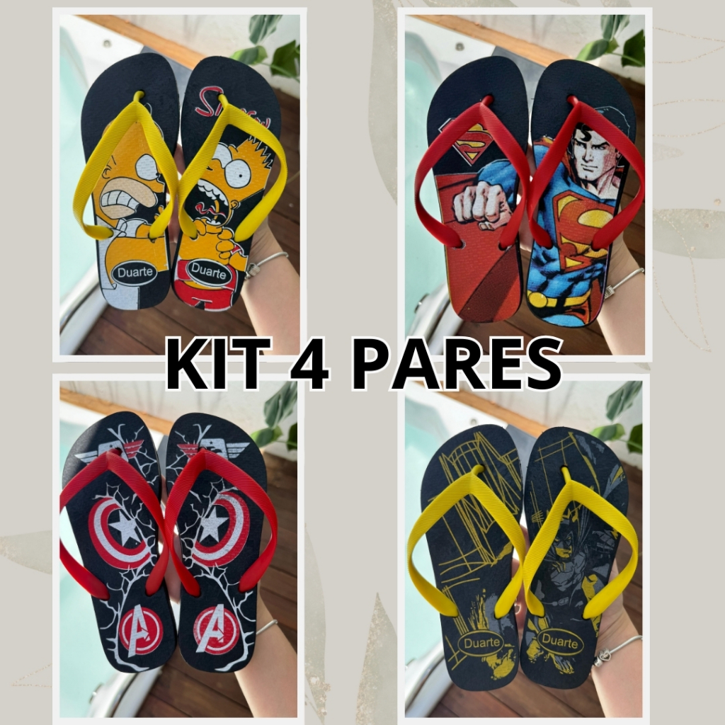 Kit 4 Pares de Chinelo Infanto Juvenil Masculino Sortidos de Menino na Promoção