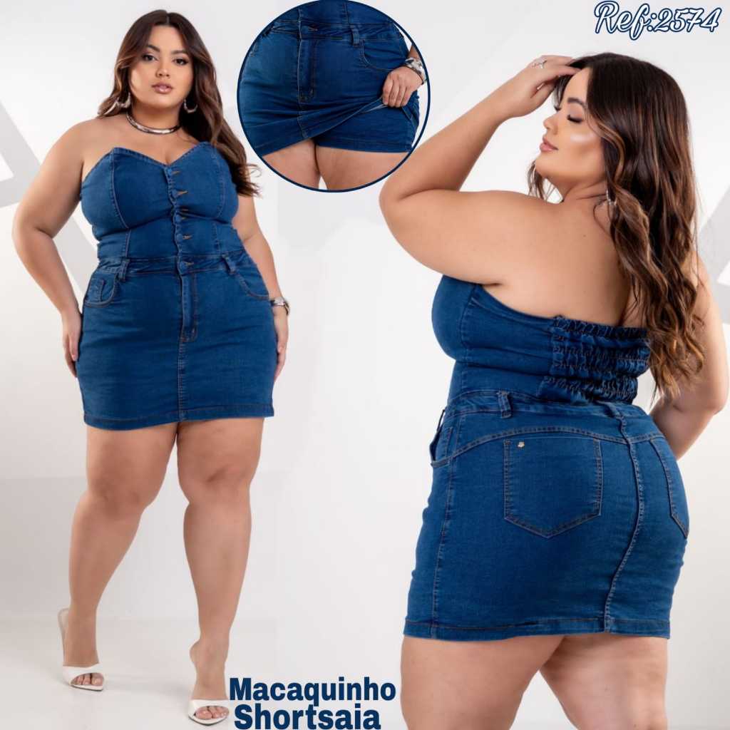 Macaquinho shortsaia jeans PLUS SIZE tomara que caia com Lycra Ref:2574